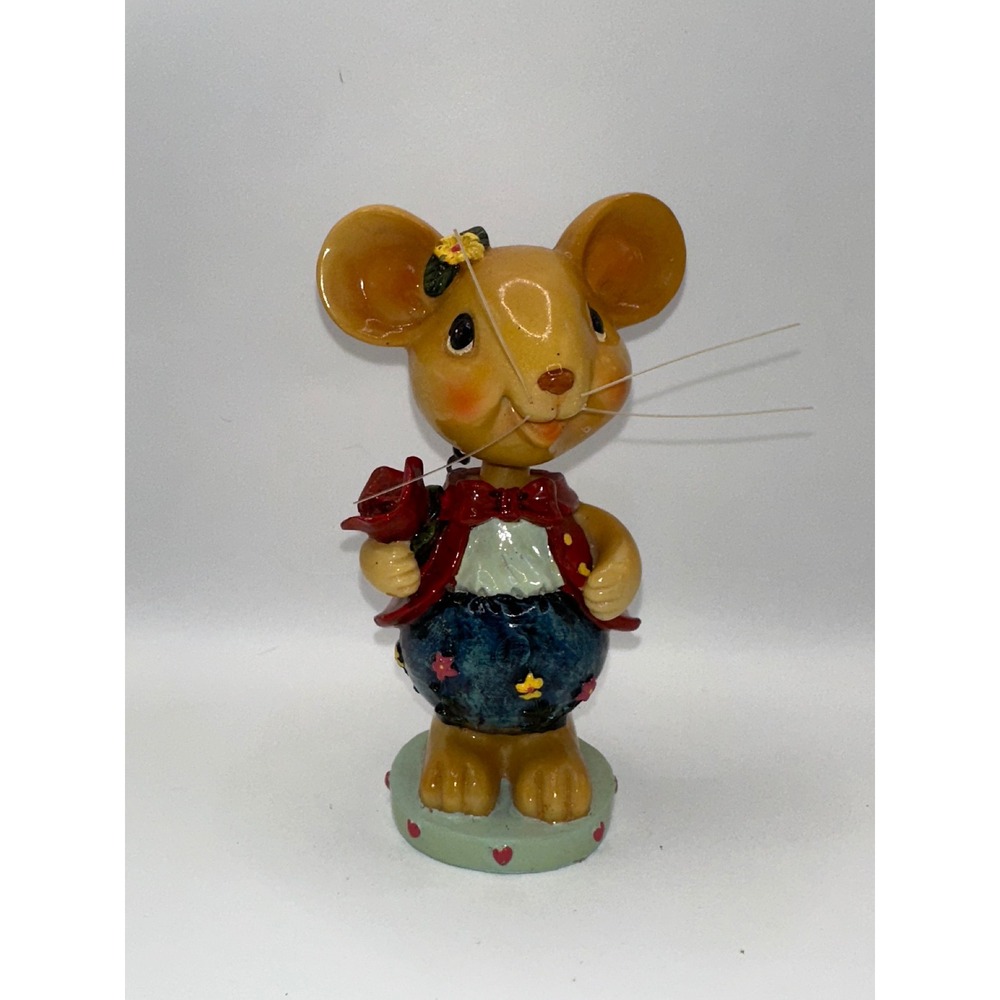 Vintage Style Mouse Bobblehead Figurine with Rose and Heart Base 5.5 Inch